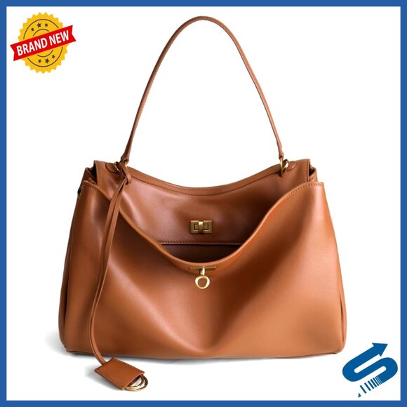 Large Genuine Leather Tote Bag with Adjustable Strap for Travel Work